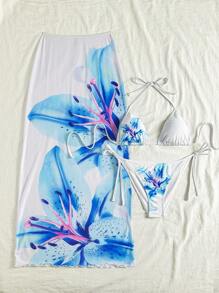 Soleia 3-Piece Women White And Blue Floral Bikini Set With Beachwear Skirt,Summer Casual Vacation Outfits For Women,Holiday Pool Party Swim Suits - Multicolor - View 5