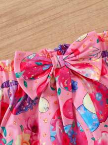 2pcs/Set Girls Cute Egg & Floral Print Short Sleeve Top With Ruffle Hem And Bow Decorated Skirt Suit,Easter Outfit, Summer