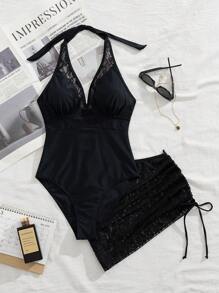 Swim Lushoire 2pcs Women Sexy Casual Vacation Vintage Solid Color Halter Lace Patchwork Fabric One Piece Swimsuit & Lace Skirt Set For Summer - Black - View 7