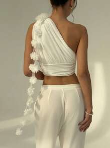 Aloruh Women's Solid Color 3D Floral Decor Sleeveless Pleated Blouse - White - View 3