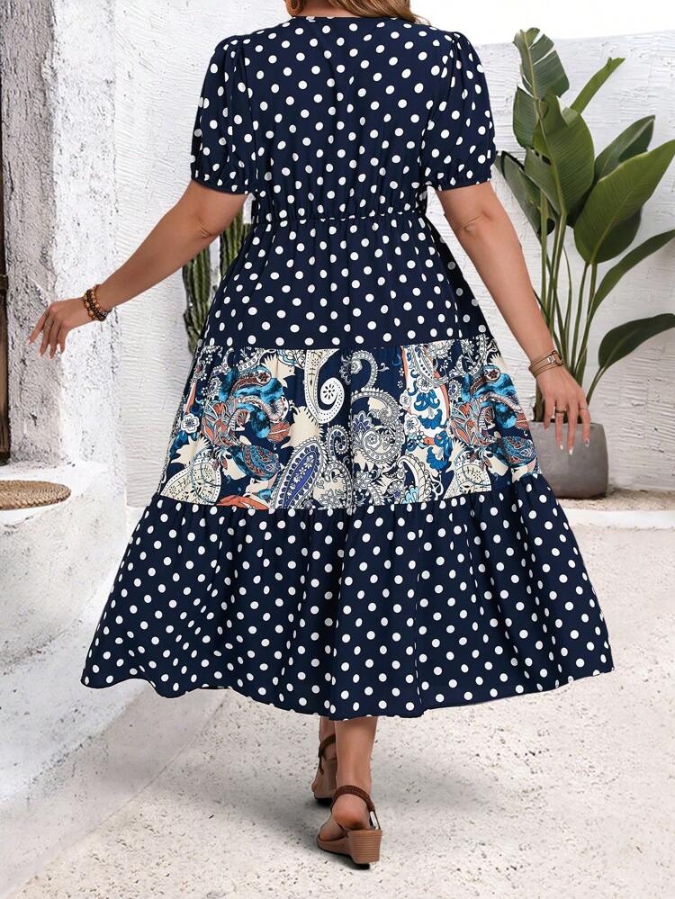 Plus Size Women's Holiday Bohemian Puff Sleeves Dot Printing Patchwork Paley Pattern Multi-Layered Patchwork Cake Dress Spring And Summer