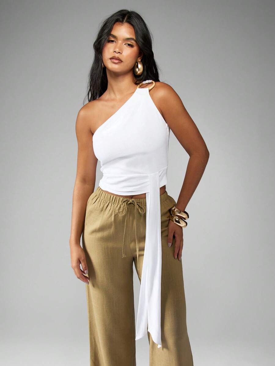 MISSGUIDED 不对称单肩竹戒指细节裁剪上衣夏季海滩派对俱乐部节日晚间优雅无袖时尚声明件 - 白色 - 查看 1