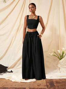 Zivah Nuevo conjunto de 2 piezas: Top con tirantes en forma de espina de pescado y pantalones de pierna ancha con bolsillos, tela texturizada, conjunto casual de vacaciones - B - Negro - Ver 8