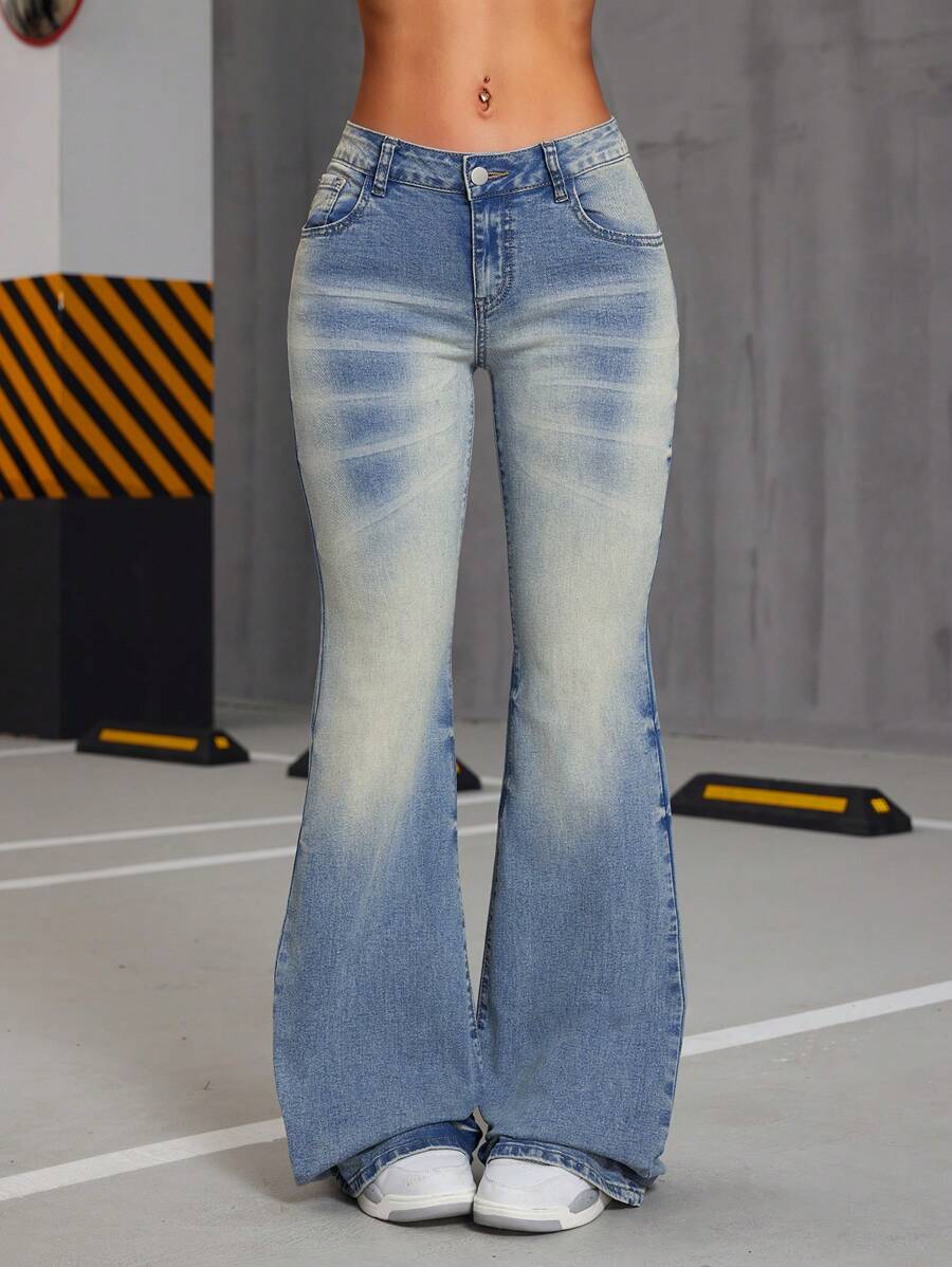 SHEIN ICON Street Style Retro Low Waist Flared Women's Jeans - Medium Wash - View 1