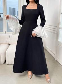 Modelyn 女士方领网纱喇叭袖优雅连衣裙 - 黑與白 - 查看 3