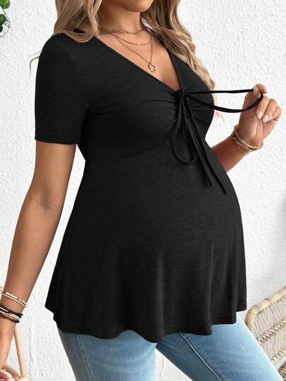 SHEIN Maternity V-Neck Short Sleeve Solid-Color T-Shirt, Simple And Fashionable For Summer