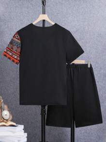 Conjunto De Playera Y Pantalones Cortos Para Adolescente Con Patrón Geométrico Y Cuello Redondo - Multicolor - Ver 2