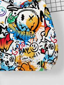 SHEIN Tween Boy Casual Loose Fit Graphic Print Pullover Hoodie Sweatshirt, Minimalist Style For Autumn/Winter