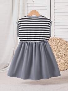 Váy hè không tay thắt eo cho bé gái, phong cách công chúa, họa tiết sọc, bộ đồ liền thân giản dị sành điệu - Xám - Xem 2