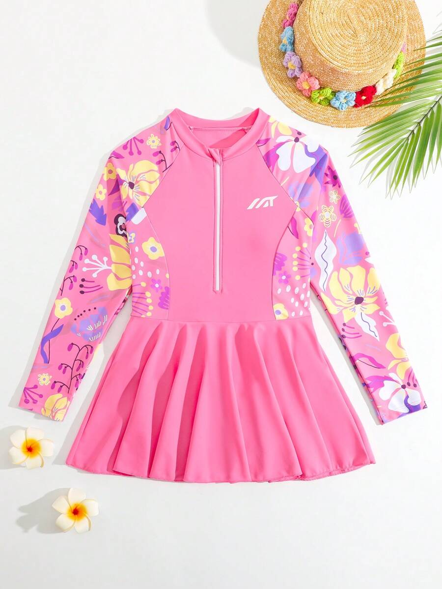 Tween Girl 热带植物印花插肩袖连体泳衣 - 珊瑚粉 - 查看 1