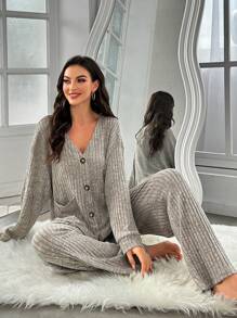 落肩纽扣前T恤和裤子休闲套装 - 卡其色 - 查看 4