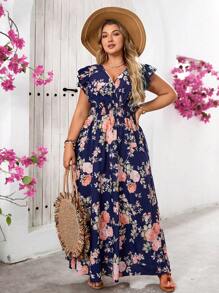 SHEIN VCAY 大码女式蓝宝石花卉印花连衣裙、收腰 A 字裙、褶皱长裙、母亲节连衣裙、女式花卉连衣裙、曲线连衣裙、女式连衣裙、夏季连衣裙、休闲夏季连衣裙