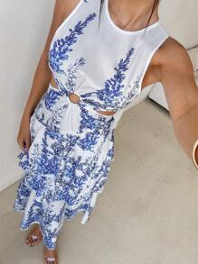SHEIN VCAY Summer Holiday White And Blue Floral Women's Dress,Boho Casual Waist Hollowed Out Multi-Layer Ruffled Bottom,Tea Party Wedding Music Festival Dress - Multicolor - View 2