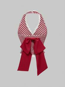 ROMWE Kawaii 可爱格纹拼布花卉蕾丝和蝴蝶结后背细节修身挂脖背心