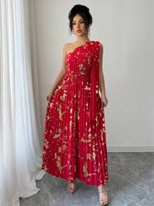 Elenzga Champagne Color Foil Textured Pleated Dress - Red - View 1