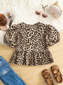 SHEIN Tween Girl Spring/Summer Fashionable Leopard Print Colorblock Bow Trim Ruffle Long Sleeve Casual Blouse, Holiday Wear - Brown - View 2