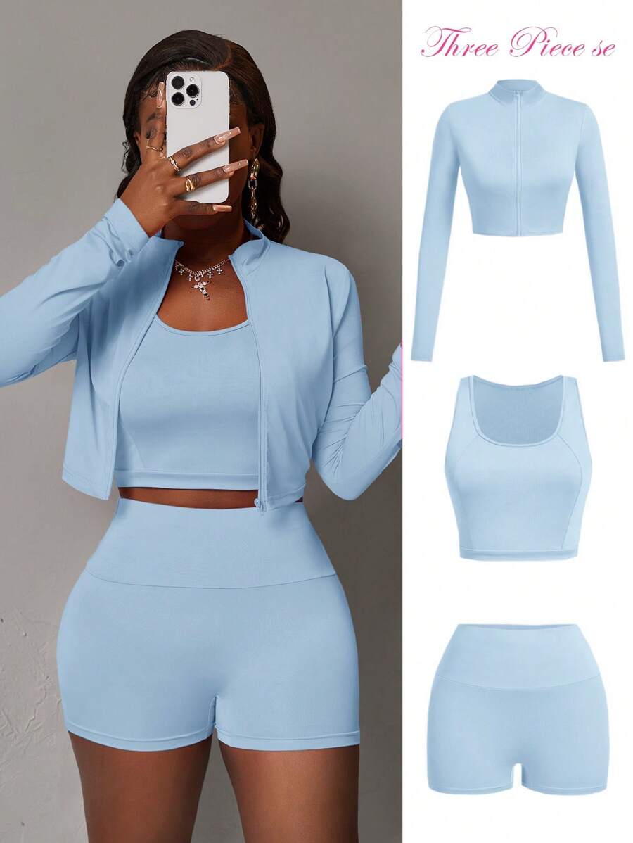 Slaydiva Summer Women 3-Piece Set: Elastic Half-Zip Stand Collar Fitted Long Sleeve T-Shirt Jacket, Sleeveless Crop Top & Athletic Shorts,Summer Sets