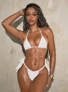 Swim SXY Plunge Neck Sexy Mini Cut-Out Bowknot Strap Women's Bikini Set For Summer Beach Vacation