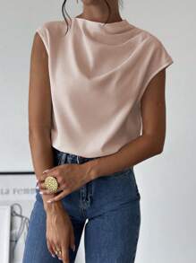 Firerie Women's Elegant Asymmetric Collar Fold Shoulder Fitted Blouse, Simple Office