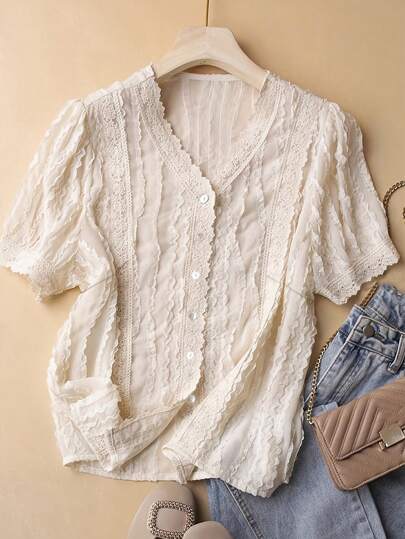 New Lace Trim Patchwork Short Sleeve Women Blouse