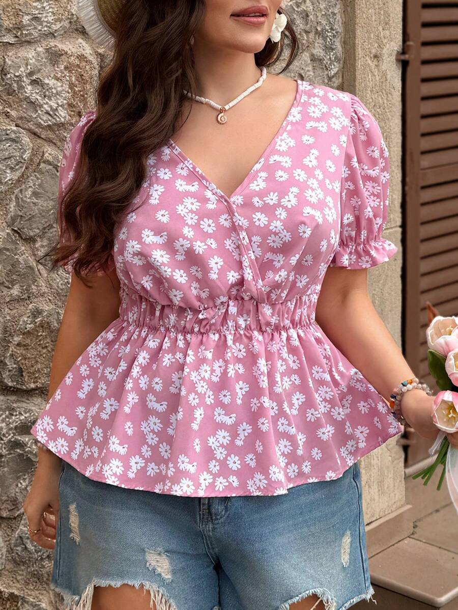 SHEIN VCAY 束腰短袖雏菊印花衬衫，大码春季女装，狂欢节服装，商务休闲女装，波西米亚乡村女装，女士海滩服装，女士海滩服装，波西米亚女装 - 粉色 - 查看 1