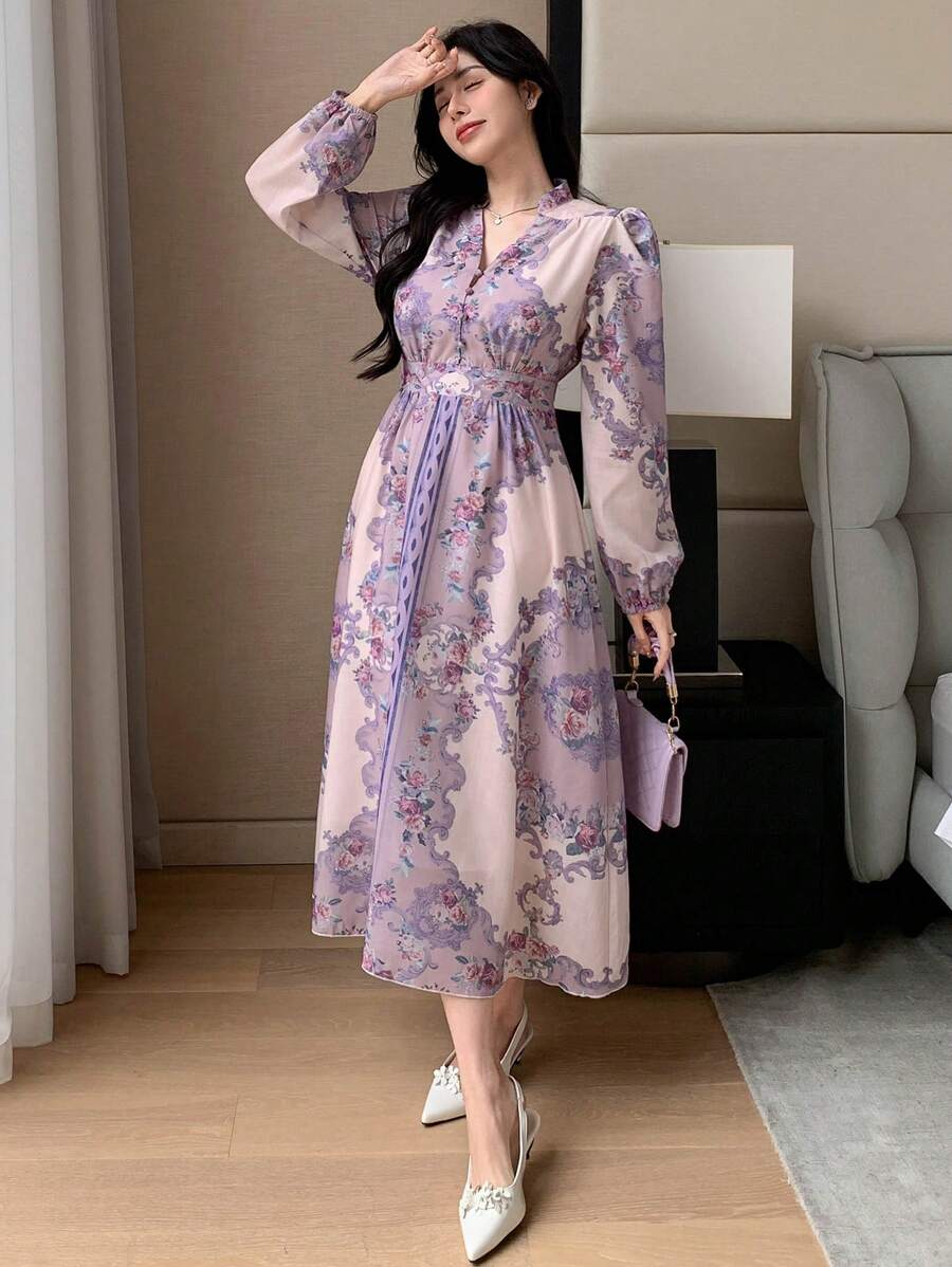 DAZY 女士花卉泡泡袖纽扣中长连衣裙优雅秋季连衣裙长袖连衣裙