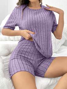 DUSKBASE Women Solid Color Ribbed Loose Fit Round Neck Crop Top & Shorts Sleeve Pajama Set Outfit - Purple - View 3