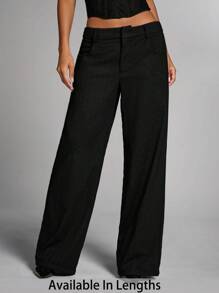 SHEIN PETITE CURVE 女士大码灰色纯色通勤休闲/办公装/老款风格/时尚外出/秋冬保暖羊毛斜纹直筒裤/冬季女裤