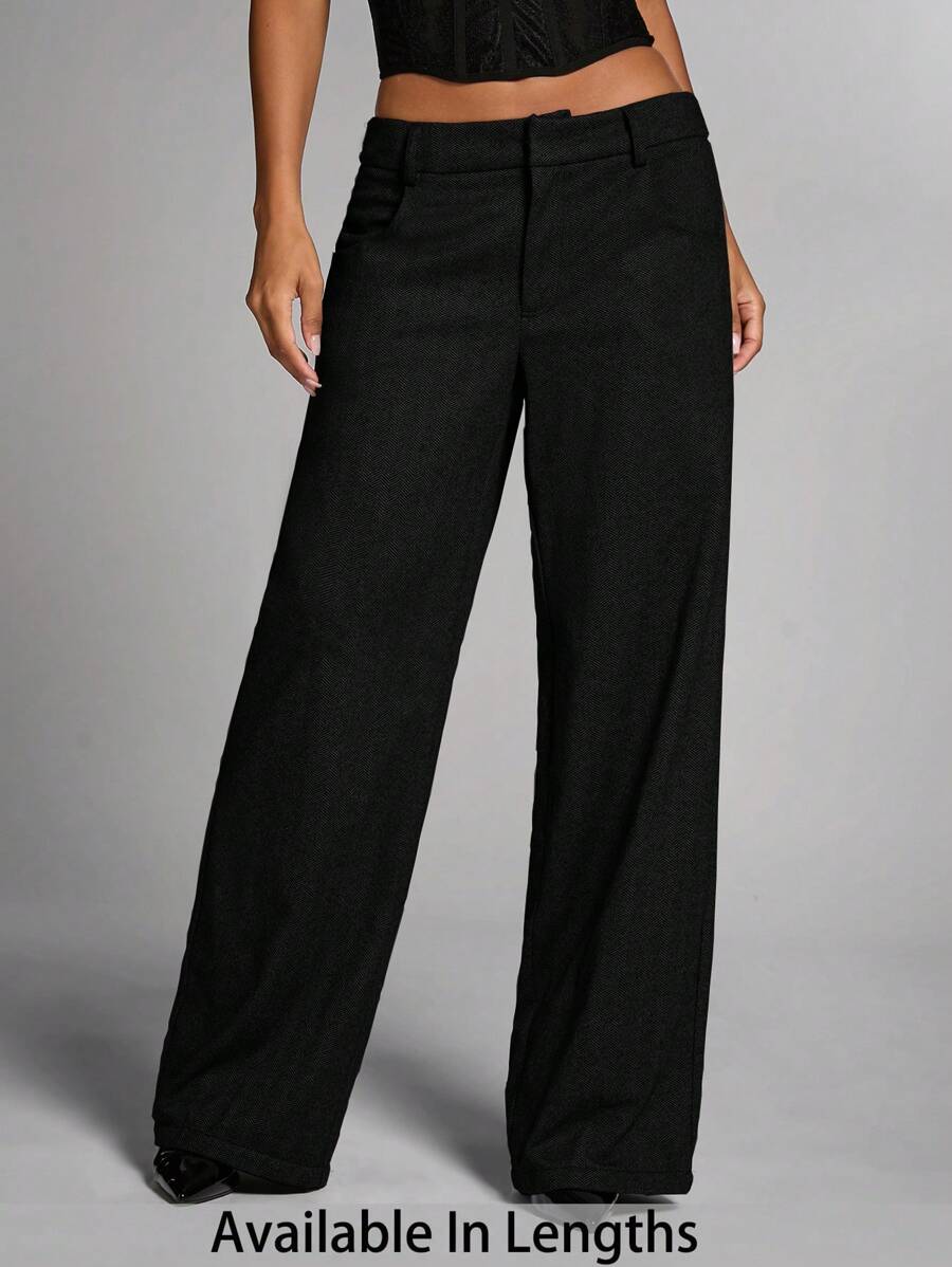 SHEIN PETITE CURVE 女士大码灰色纯色通勤休闲/办公装/老款风格/时尚外出/秋冬保暖羊毛斜纹直筒裤/冬季女裤