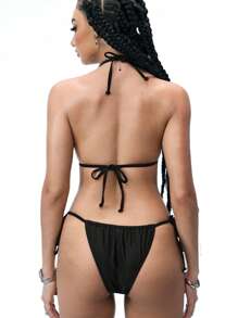 Swim EVENT Set de 2 piezas de traje de baño de mujer, top halter con cristales negros y Bottom con lazos laterales, atuendo sexy para fiesta en la playa, piscina, festival de música, adecuado para gente joven - Negro - Ver 4
