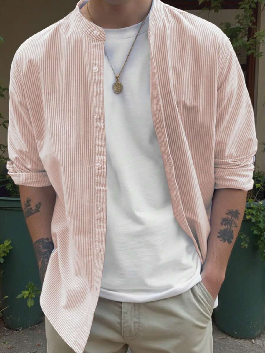 Manfinity Dauomo Men's Summer Striped Single-Breasted Casual Commuter Shirt - Pink - View 1