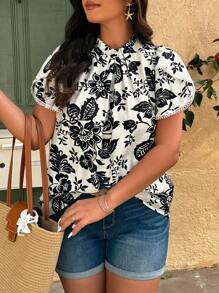 SHEIN Clasi Plus Size Casual Vacation Style Plant Print Petal Sleeve Blouse - Multicolor - View 4