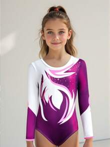 SHEIN 4 季年轻女孩印花长袖连体裤，弹力高性能运动服，适合健身、户外、舞蹈、瑜伽、体操 - 彩色 - 查看 7