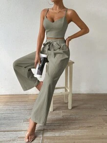 Chiquease Women's Camisole Top With Bow Accent And Straight Leg Pants 2 Pieces Vacation Set - Grey - View 6