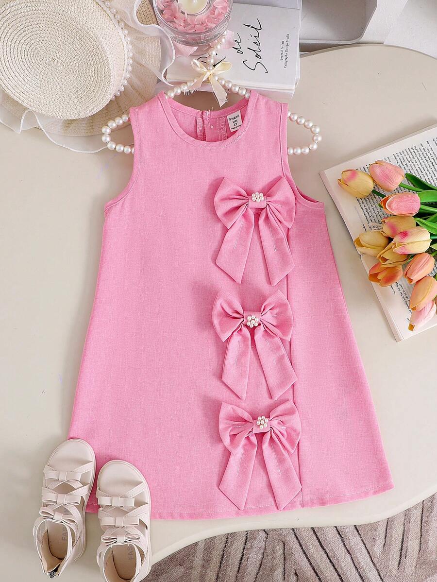 SHEIN Young Girl Sleeveless Princess Dress With Bow, Elegant, Sweet, Fashionable, Perfect For Summer - Pink - View 1