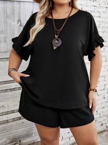 SHEIN CURVE+ Plus Size Women's Lace Batwing Blouse And Shorts Set, 2 Pieces Casual Vacation Outfits For Summer - Black - View 5