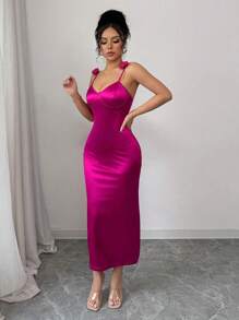 Elenzga Váy dây mảnh họa tiết hoa trơn màu dành cho nữ - Màu tím - Xem 3