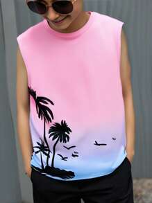 SHEIN Leap Crew Tween Boy Vacation Ombre Design Sleeveless Tank Top & Shorts Set - White - View 2