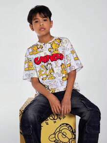 GARFIELD X SHEIN Camiseta de manga corta informal con gráfico de dibujos animados coloridos para niño preadolescente