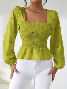 Revavyn 女士节日心形印花气球灯笼袖时尚衬衫 - 綠色 - 查看 5