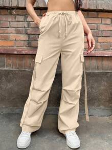 SHEIN Unity 7/9 Length Pants, Solid Color Drawstring, Simple & Fashion, Suitable For Summer Fall Cloth For Women - Khaki - View 3