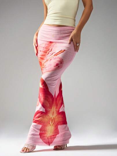 MISSGUIDED 设计师水彩印花长裙，带有艺术花卉图案，沙滩装度假装，飘逸长款夏季度假巡航时尚单品