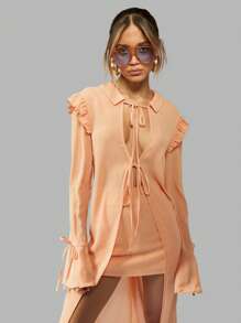 MISSGUIDED Luxury Resort Beach Two-Piece Set Maxi Shirt Cover-Up With Mini Dress Summer Holiday Ruffle Sleeve Tie-Front Lightweight Beachwear Vacation Set - Orange - View 5