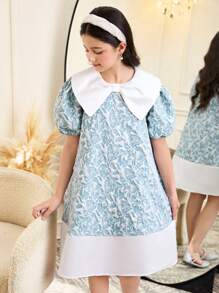 Vestido de colegiala elegante con cuello, plisado y parche con estampado floral jacquard - Blanco - Ver 4