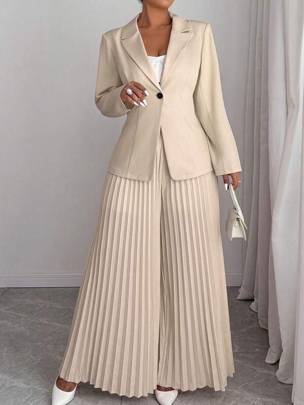 Elenzga Ensemble femme grande taille composé d'une veste à col cranté à manches longues de couleur unie mouchetée et d'un pantalon évasé plissé