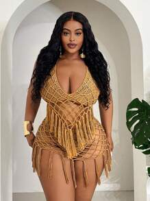Slaydiva Plus Size Women Casual Fringed Hollow Out Camisole & Hollow Out Fringed Triangle Panty 2pcs Set, Suitable For Beach Vacation In Fall/Winter - Khaki - View 4