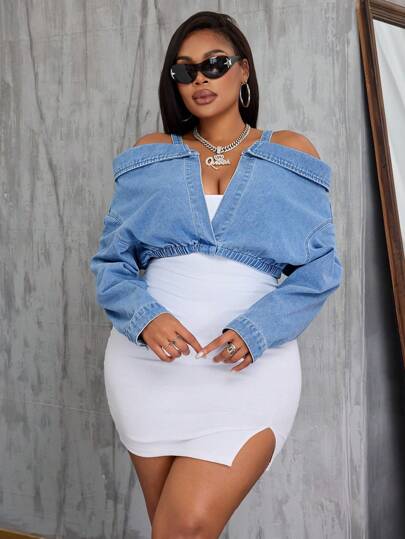 SHEIN SXY 大码时尚露肩细肩带短款牛仔夹克