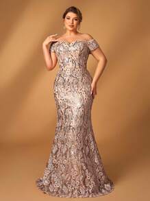 Serin 大码优雅浪漫香槟色奢华亮片刺绣 V 领露肩鱼尾下摆新娘妈妈礼服 - 香檳色 - 查看 5