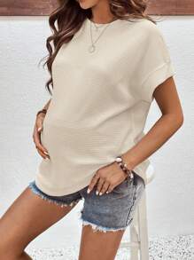 SHEIN Maternity Solid Color Round Neck Batwing Short Sleeve Casual Loose T-Shirt - Apricot - View 4