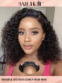 Density Pro 无胶水波波头蕾丝前假发 人发 6x4 闭合预剪卷发波波头假发 预拔戴上即走自然黑色波波头假发 14 英寸 - S1B - 查看 1